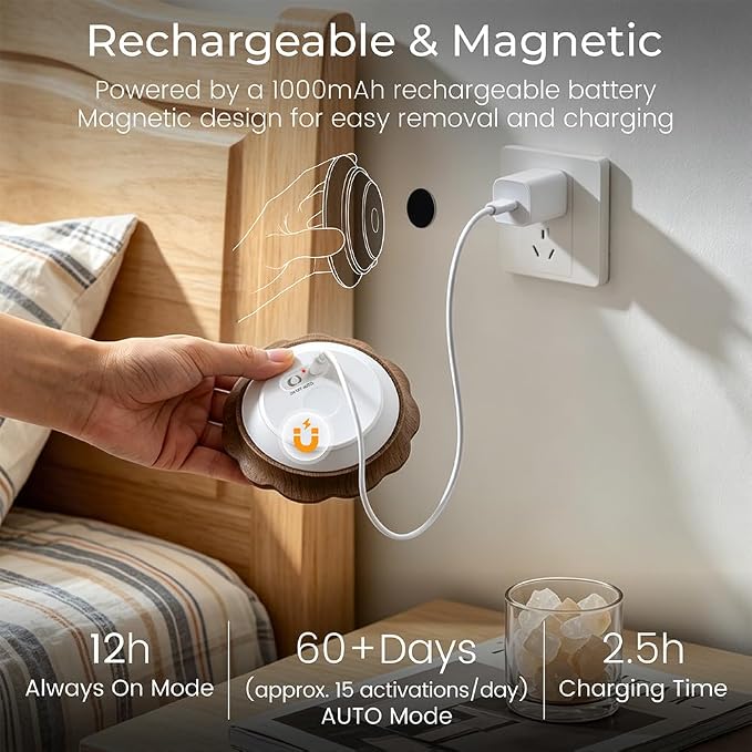 Motion Sensor Night Light Indoor, Rechargeable Wooden Flower Lamp | Black Walnut Carved Fflower Sensor Light, USB-C Rechargeable, Magnetic Mount, Warm Light for Bathroom, Hallway, Home Decor