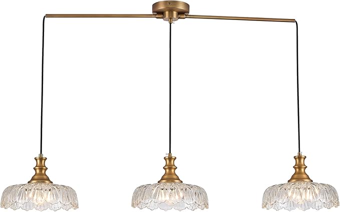 HDDFL Vintage Pendant Lighting Fixtures Modern Glass Hanging Lamp with Adjustable Cord for Kitchen Island Dining Room Hallway 3 Light Brass and Clear