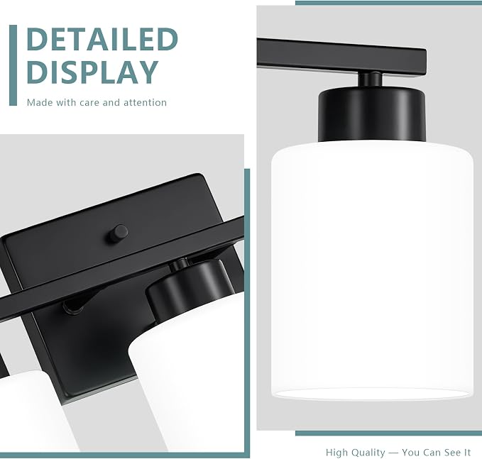 Black Bathroom Light Fixtures Vanity Lighting Over Mirror | 3-Light Modern Wall Sconces with Milky White Frosted Glass Shades for Restroom (E26 Socket)