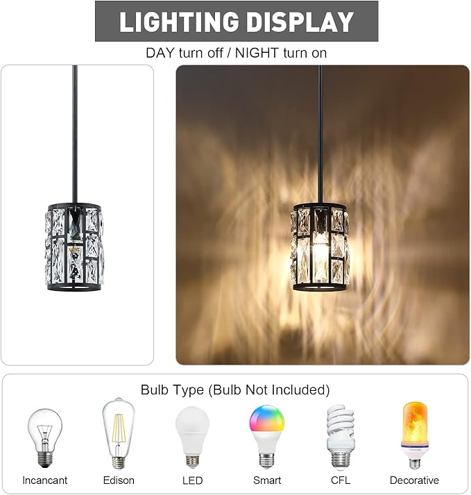 MEXO Black Crystal Pendant Light Fixture Modern Hanging Lighting Mini Crystal Chandelier for Kitchen Island Dinning Room Living Room Hallyway Porch Bedroom Lamp