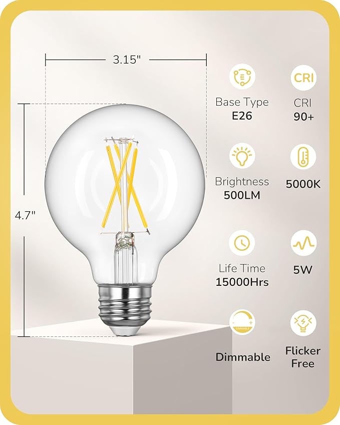 EDISHINE 6 Pack G25 Globe Light Bulbs, Dimmable Vintage LED Edison Bulbs, CRI90+ 5W Equivalent 60W, Clear LED Filament Vanity Light Bulbs, 5000K Daylight White, 500LM, E26 Base