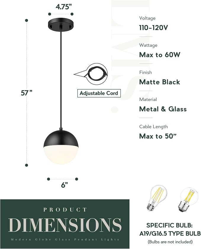 Mid Century Pendant Lights, Matte Black Kitchen Island Light Fixtures with White Globe Glass Shade, Adjustable Hanging Cord, 3 Pack for Home Office Dining Room Bathroom, LMS-186PL-BKWS3PK