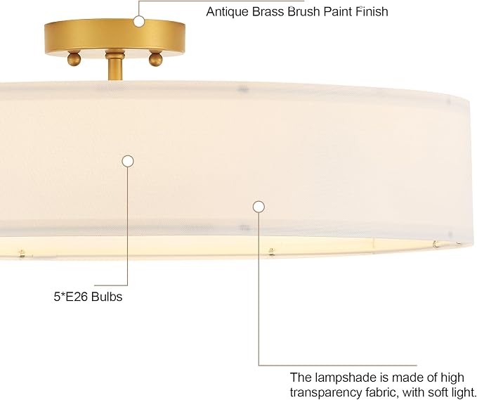 VILUXY Gold Semi-Flush Mount Ceiling Light Fixture with 24" Large White Fabric Drum Shade 5-Light for Bedroom Dining Room Entryway Round Ceiling Lamps