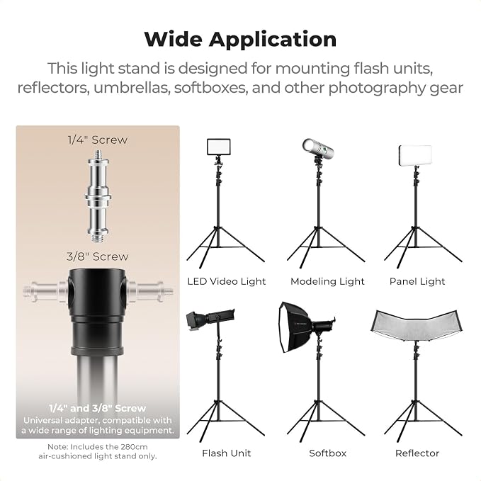 K&F CONCEPT Air Cushioned Light Stand, 41-110" Height, 1/4"-3/8" Adapter | 9.2ft Heavy Duty Photography Tripod Stand, Max Load 17.6 lbs, Sandbag Included for Studio Softbox COB Light, TL14