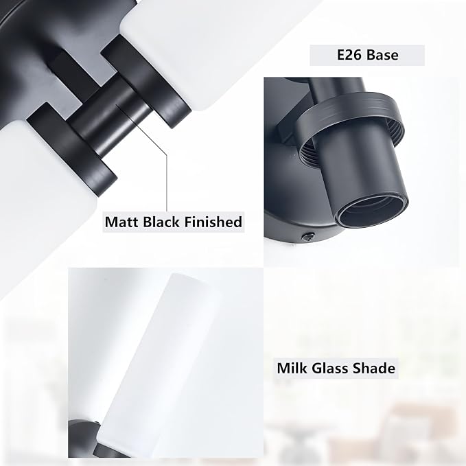 Lanhall 2 Light Black Bathroom Light Fixture Over Mirror, Modern Farmhouse Bathroom Vanity Lights with Milky White Frosted Glass Shade, Wall Sconce for Bathroom Mirror Hallway Cabinet Bedroom Porch