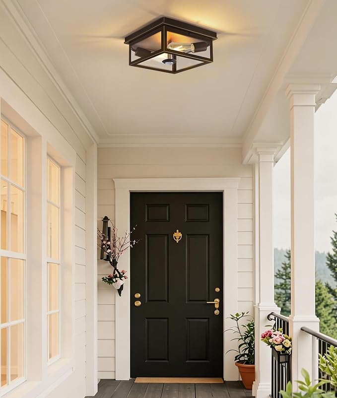 Motion Sensor Outdoor Ceiling Light with Remote, 10 Inch Brown and Gold Flush Mount Porch Light Fixture with United Glass Cover, 5 Modes Outside Flush Mount Light for Porch, Garage, Entryway