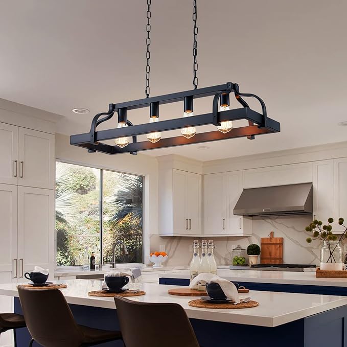 WUZUPS 4-Light Metal Pot Hanging Rack Chandelier Linear Pendant Ceiling Lighting Rustic Farmhouse Fixture Kitchen Island Dining Room, H 9.8" x L 34.6" x W11.8, E26 Base, Black