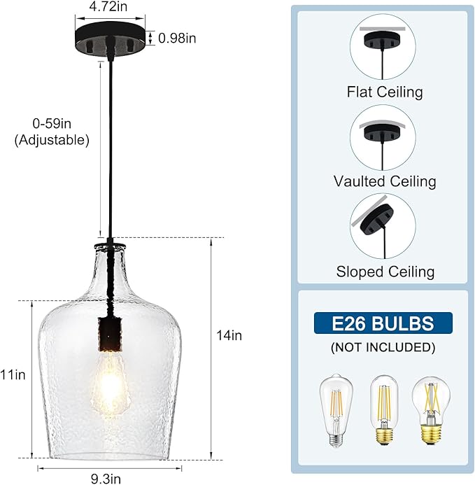 9.3" Blown Glass Pendant Lighting for Kitchen Island,Black Large Pendant Light Fixture with blown Thickened Glass,1 Light Farmhouse Hanging Light for Hallway,Bedroom, Living Room Tall 14 inch