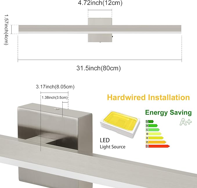 Nickel Bathroom Vanity Light Fixture 31.5'' 20W Dimmable 5CCT LED Hardwired | Bathroom Light Fixture Over Mirror, Bathroom Wall Sconce, Rust-resistant, ETL Certificated, 2700K/3000K/3500K/4000K/5000K