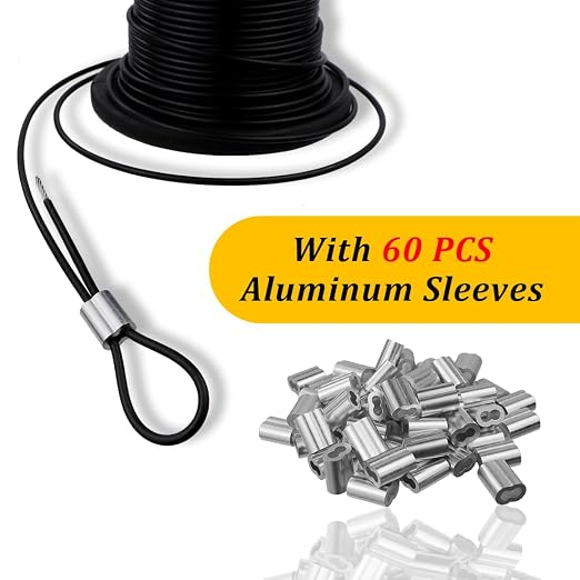 Vinyl Coated Wire Rope 304 Stainless Steel Coated Wire Cable-Black, 1/16" OD to 3/32" x 200FT, with 60 Pcs Crimping Sleeves-Cable for String Lights, Suitable for Clotheslines