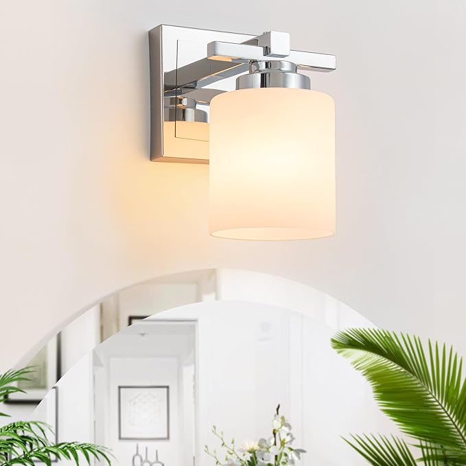 Modern Bathroom Light Fixtures Over Mirror, Vanity Lights for Bathroom Wall Sconces with Milky White Glass Shades, E26 Socket (Bulbs Not Included), 1 Light, Chrome