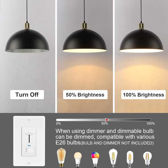 Black Pendant Light Fixtures 2 Pack, 15.7 Inch Large Dome Pendant Lighting Farmhouse Vintage Chandelier for Kitchen Island Dining Room
