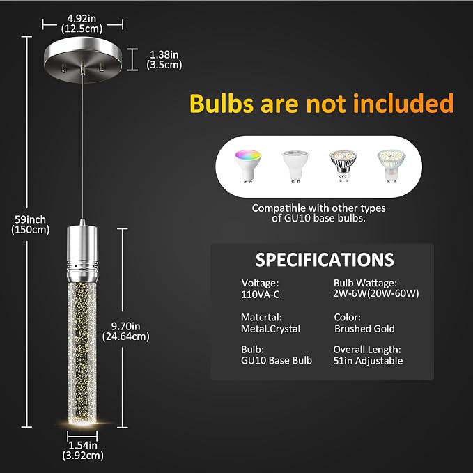 Brushed Nickel Pendant Lights Kitchen Island, Crystal Bubble Pendant Lights, Adjustable Modern Pendant Light Fixtures for Dining Living Room Bedroom 3 Pack
