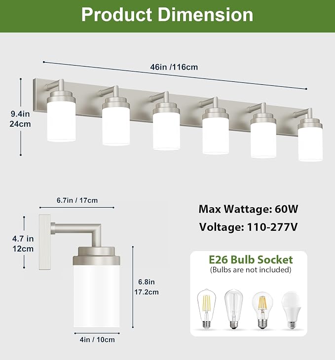 Bathroom Light Fixtures, Brushed Nickel Bathroom Lighting Fixtures Over Mirror, Modern Vanity Light with White Glass Shade, Restroom Lighting Fixtures, 6-Light 46-inch
