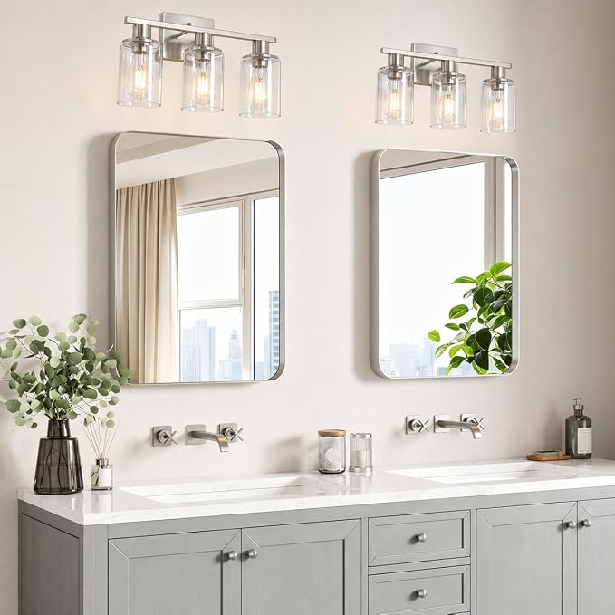 Brushed Nickel Bathroom Light Fixtures Over Mirror,3-Light Bathroom Vanity Light with Clear Glass Shade,Modern Farmhouse Wall Sconces Lighting for Mirror Kitchen Living Room Cabinet
