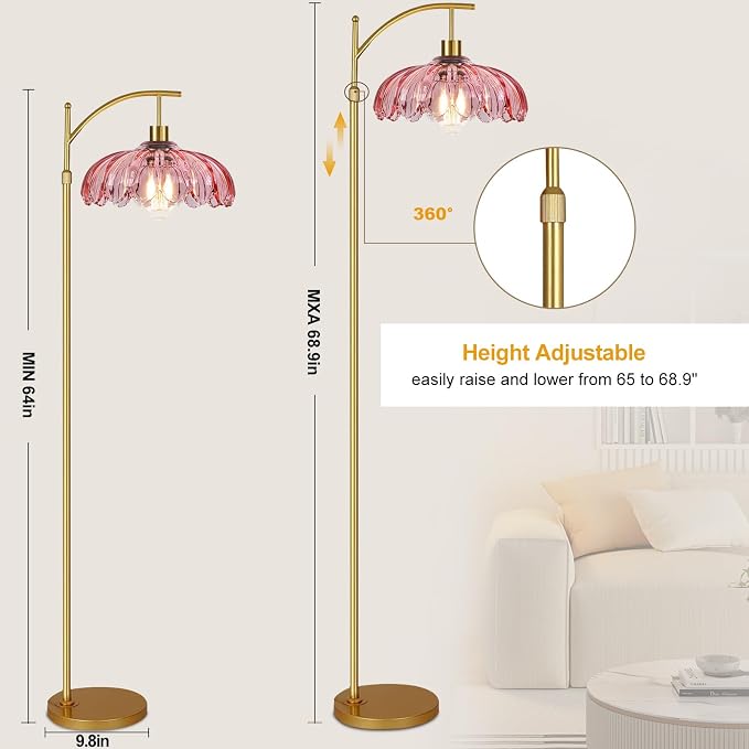 ILLMTW Floor Lamp for Living Room,Bedroom,Gold Dimmable Standing Lamp with Remote,Mid Century Modern Brass Tall Lamp Retro Vintage Pink Glass Lamp Floor Light Boho Bohemian