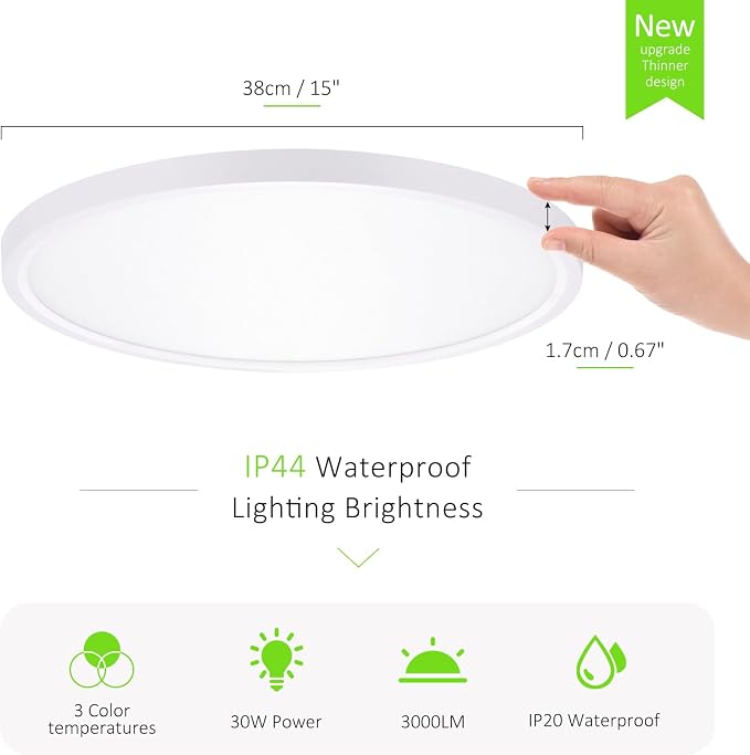 4PACK LED Flush Mount Ceiling Light, Super Slim 15 Inch 3000LM Ceiling Lights, 3000k/4000k/6500k Ceiling Light Fixture for Bedroom, Living Room, Dining Room, Kitchen, Wired, White