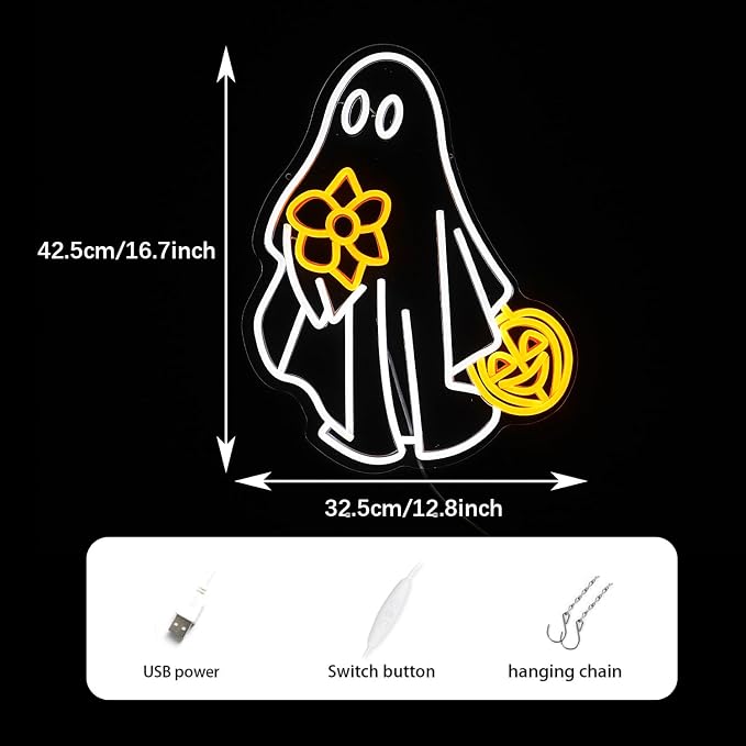 Ghost Neon Sign for Wall Decor Dimmable USB Powered Pumpkin Led Light sign Halloween Ghost Neon Light for Halloween Party Game Room Neon Decor (Yellow White)