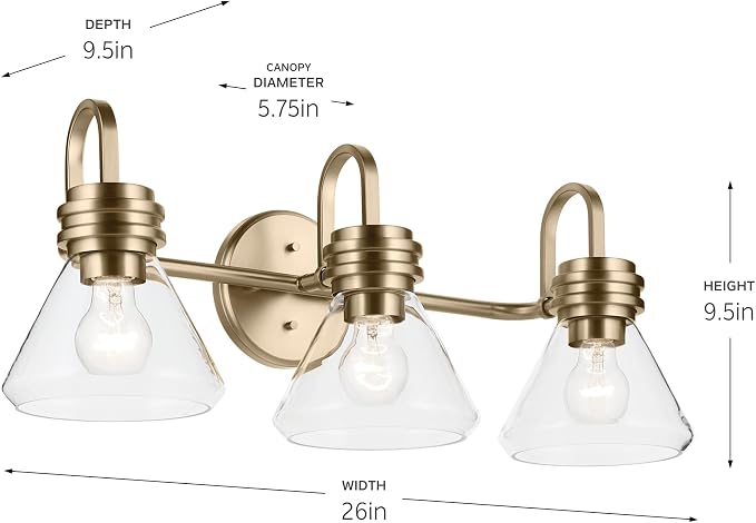 Kichler Farum 3-Light Bathroom Vanity Light, Champagne Bronze | Modern vanity light with clear glass for bathroom mirrors (26" x 9.5"), 55155CPZCLR