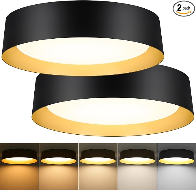 Flush Mount Ceiling Light, 16in Modern Ceiling Light 5 Color Temperature | 30W Bathroom Ceiling Light Fixture, 3000LM Dimmable LED Flush Mount Light for Bedroom, Hallway, Kitchen, Black & Gold, 2-Pack
