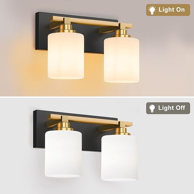 Black and Gold Bathroom Light Fixture, Modern 2 Light Vanity Lights for Bathroom Lighting Fixtures Over Mirror, White Glass Lampshade, Master & Guest bathrooms Bathroom Remodel, 14-inch