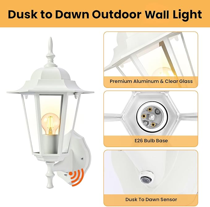 14.4"H Dusk to Dawn Outdoor Wall Light, White Exterior Garage Lighting Fixtures, Outdoor Porch Light Wall Mount, Modern Outside Wall Lantern Sconce Sensor Dusk Dawn Light for House, 2 Pack, E26 Base