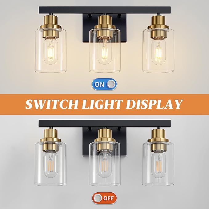 3-Light Bathroom Light Fixtures,Black and Gold Vanity Lights 17" | Modern Wall Sconce Lighting,Vanity Light Over Mirror with Clear Glass Shade,Farmhous Wall Mounted for Bathroom,E26 Base