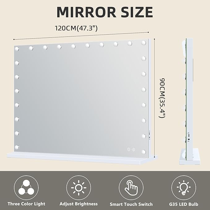 FENCHILIN Vanity Mirror with Lights 47'' x 35'' Tempered Glass Super Large Hollywood Mirror with 24 Dimmable Bulbs for Makeup Table/Hanging Bluetooth Speaker Mirror with Touch Screen & USB Charge Port