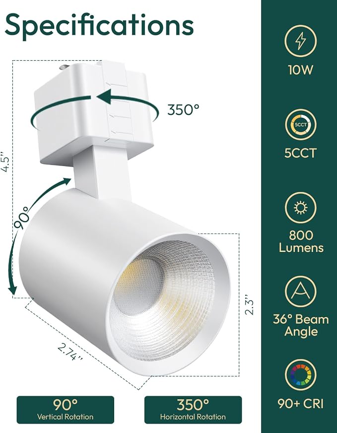 ALAMPEVER 12 Pack LED Track Lighting Heads, Dimmable J Type LED Track Lights with 5 Selectable Color Temperatures, 2700K/3000K/3500K/4000K/5000K, 10W, 800LM, 36°, Ideal for Home Commercial Use, White