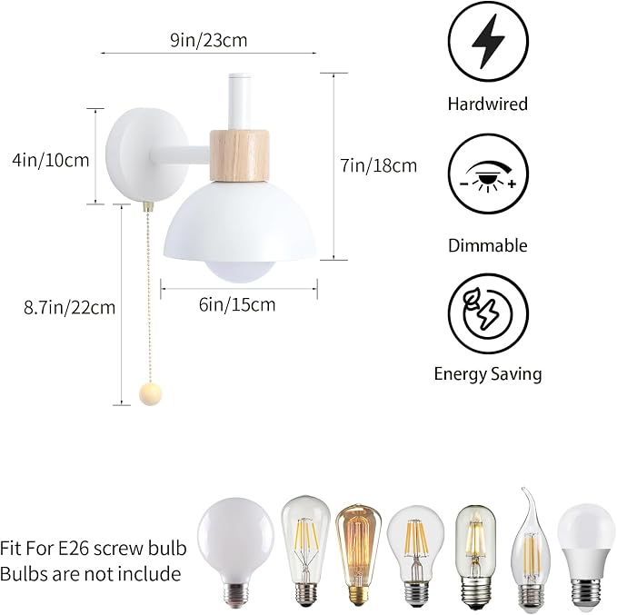 1-Light Nordic Bathroom Wall Sconce with Pull Chain Switch, Modern Vanity Wall Lamp, Bedside Wall Lights for Mirror Kitchen Living Room Hallway Cabinet Porch(White)