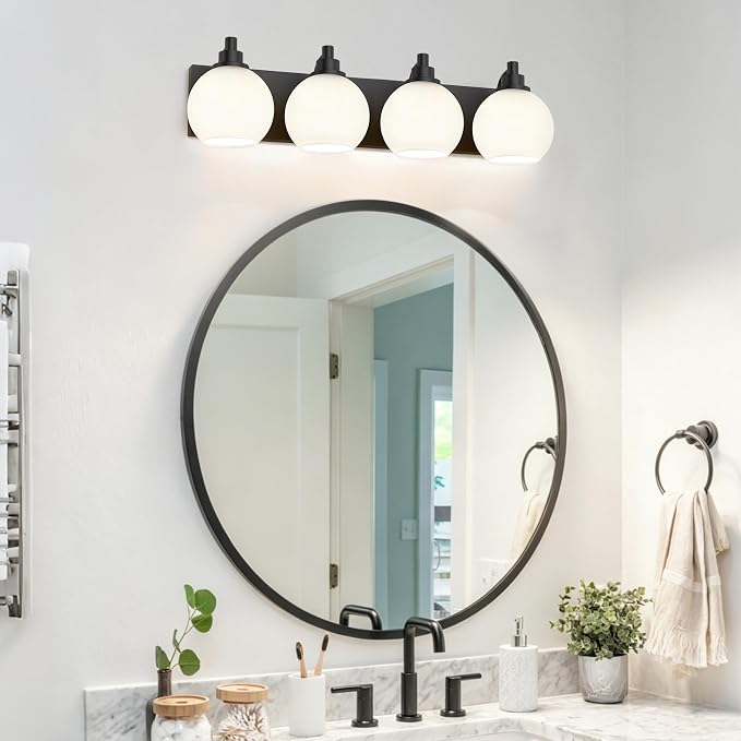 IZORRO Bathroom Light Fixtures, 4-Light Matte Black Vanity Light, Modern Wall Sconces with Globe Milk White Glass Shade, Vanity Lighting Fixtures Over Mirror,E26 Bulb Socket