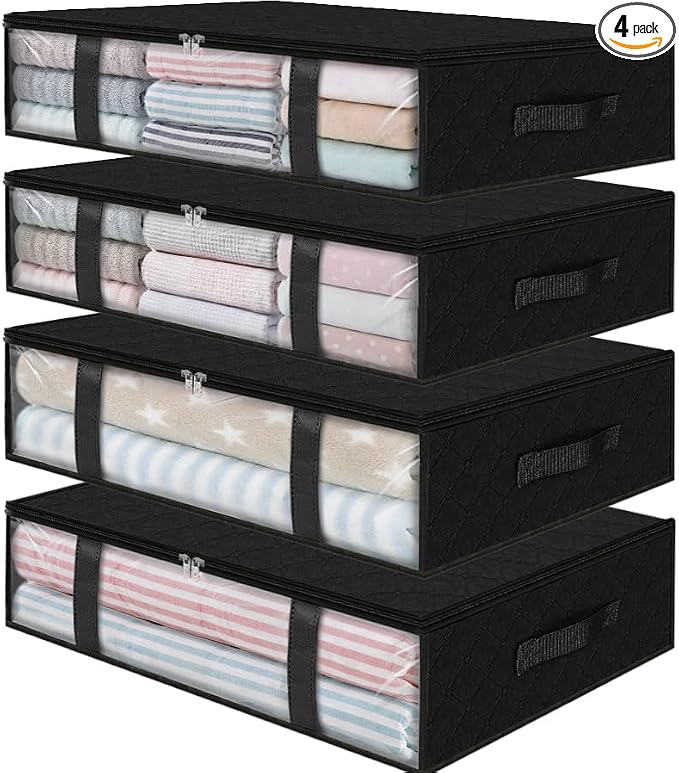 StorageRight Under Bed Storage Bags 4 Pack, 40L Large Clothes & Comforter Storage Containers with Clear Window, Breathable Fabric Organizer for Blankets, Bedding, Seasonal Clothing, Black