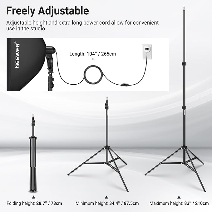 NEEWER 24"x24" Softbox Lighting Kit with Tripod Stand, 45W Bi Color 2.4G LED Bulb, 66' Remote Control 10 Channels 2900K-7000K 1400lx/1m CRI95 Studio Photography Video Recording Continuous Light, NK104 | 45W Bi Color 2.4G LED Bulb, Remote, 10 Channels, ...