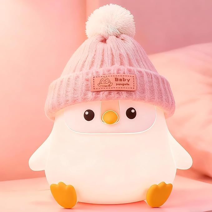 FAMIDUO Penguin Night Light,Cute Pink Penguin Lamp with Hat,Kids Room Decor | Safe Silicone Nursery Nightlight ,Rechargeable/Dimmable/Timer LED Squishy Animal Bedside Touch Lamp,Funny Gift for Girls