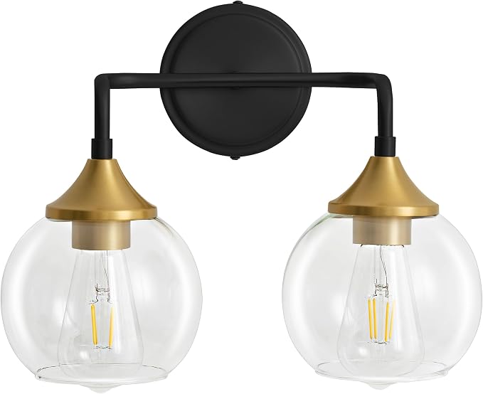Black and Gold Bathroom Vanity Light 2-Light Vanity Lights 14" | Farmhouse Vanity Lighting Fixtures Over Mirror, Thickened Clear Glass Shade, UL E26 Dimmable Vanity Light Fixtures