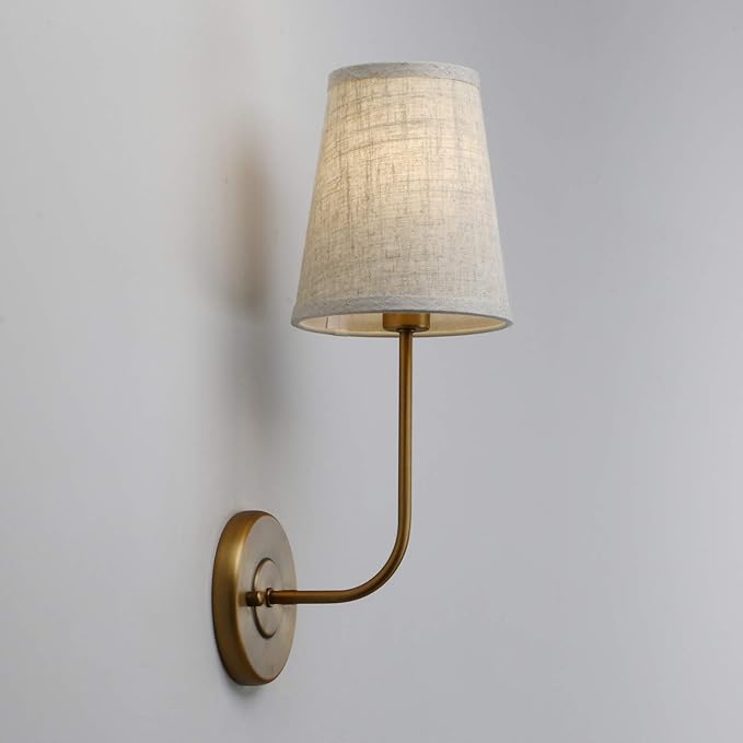 Pathson Set of 2 Vintage Wall Sconces Linen Fabric Shade, Hardwired Bathroom Vanity Lights Brass Finish, Industrial Wall Mounted Fixtures for Bedroom Living Room (Antique Brass)