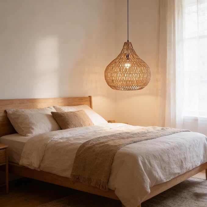 Pendant Light Fixtures Black Boho Chandelier 15.7-inch Rattan Shade Dome Light Fixtures Mid Century Farmhouse Pendant Lamps for Dining Room Kitchen Island Over Table, 1-Light