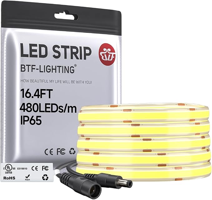 BTF-LIGHTING FCOB COB LED Strip Warm White 3000K IP65, UL Listed 480LED/m High Density Uniform Light, 16.4FT DC12V CRI90+ 8mm Width Tape Light for Home Indoor DIY Lighting(No Adapter & Controller)