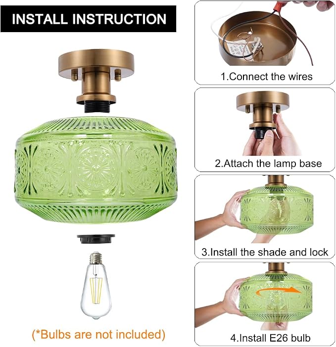 Semi Flush Mount Ceiling Light, Vintage Small Ceiling Light Fixture, Thickened Glass Hallway Light Fixture, Brass Kitchen Ceiling Mount Lamp with Green Glass for Entry Way, Bedroom, Bathroom, Porch