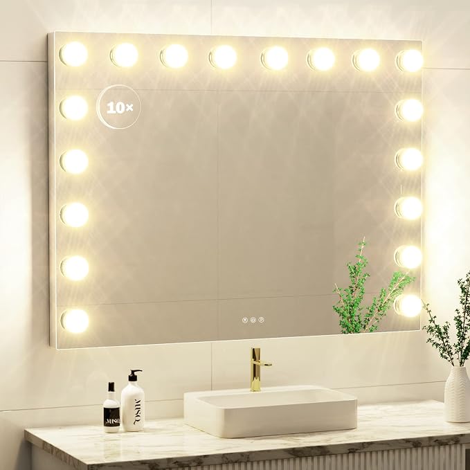 Gvnkvn Vanity Mirror with Lights, 32 x 24 Tabletop Hollyhood Makeup Mirror, Hollywood Lighted Mirror with 18 Dimmable LED Bulbs,3 Colors Modes,Touch Control,Metal Frame,