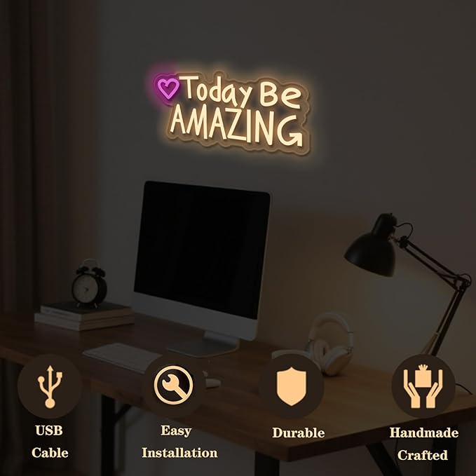 Today Be Amazing neon sign, suitable for classroom wall decoration, back-to-school season, graduation season, student gifts. Dimmable, USB powered, pink heart-shaped inspirational neon light.