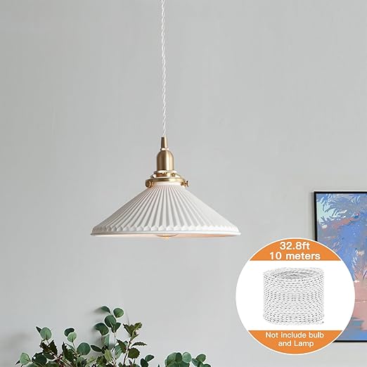 Helunsi 32.8ft Twisted Cloth Covered Wire, White 18/2 Cloth Covered Electrical Wire, 18 Wire Gauge 2-Conductor Fabric Covered Lamp Cord, Vintage Twisted Cloth Covered Wire, for DIY Projects (White)