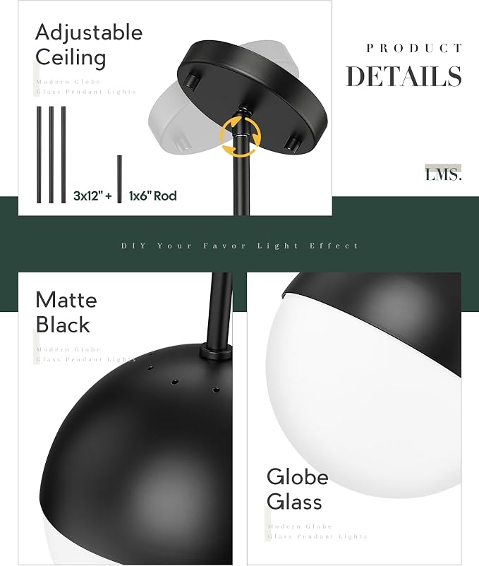 2 Pack Mid Century Pendant Lights, Matte Black Kitchen Island Light Fixtures with White Globe Glass Shade, Adjustable Hanging Rod Ceiling Light for Home Office Dining Room Bathroom, LMS-186BK2PK