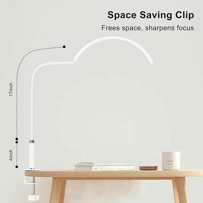 Professional Half Moon LED Desk Light for Nail Techs & Artists – Flexible Gooseneck Lamp with Clamp, 5 Color Modes & 5 Brightness Levels for Manicure, Tattoo, Beauty Work