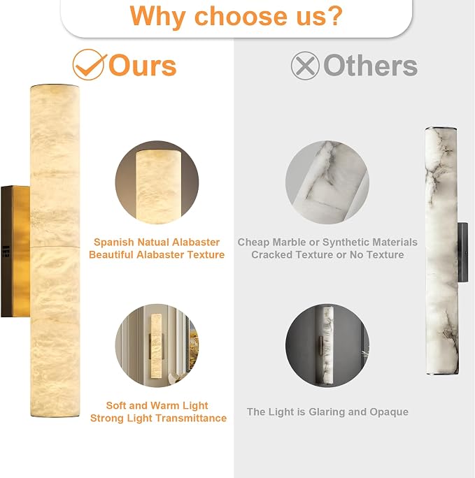 Alabaster Wall Sconces, 20" Brass Wall Sconce, Modern Bathroom Sconces Wall Lighting, Gold Wall Sconce, Spanish Natural Marble Sconce for Living Room, Bedroom, Stairs, Hallway