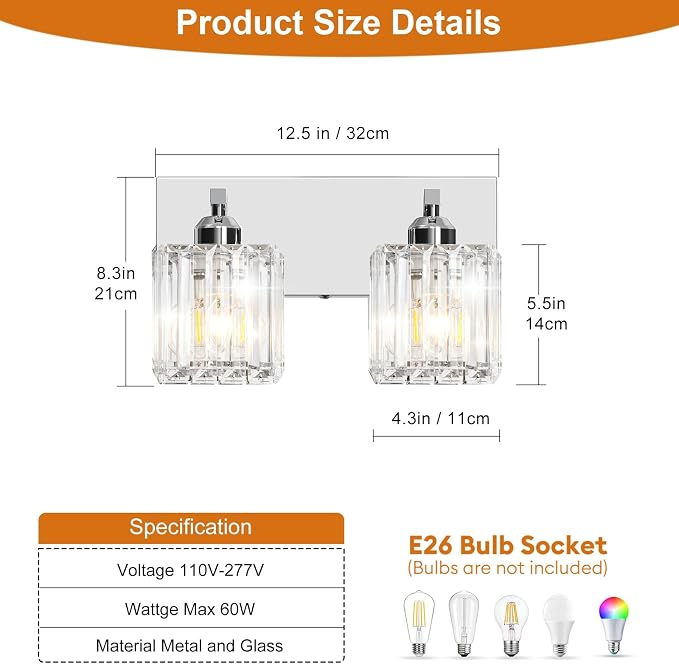 Brushed Chrome Crystal Bathroom Vanity Light, 2-Light Modern Bathroom Lighting Fixtures Over Mirror,Chrome Wall Sconce Light Fixtures with Square Shade