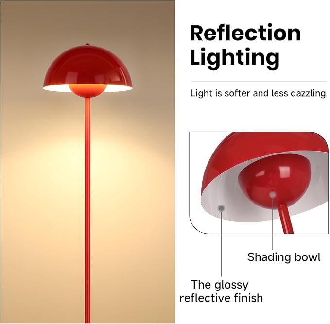 Coucrek Red Floor Lamp, 66'' Industrial Standing Lamp for Living Room | Tall Lamp with Unique Reflecting Shade, Mid Century Modern Ambient Lighting for Bedroom Corner