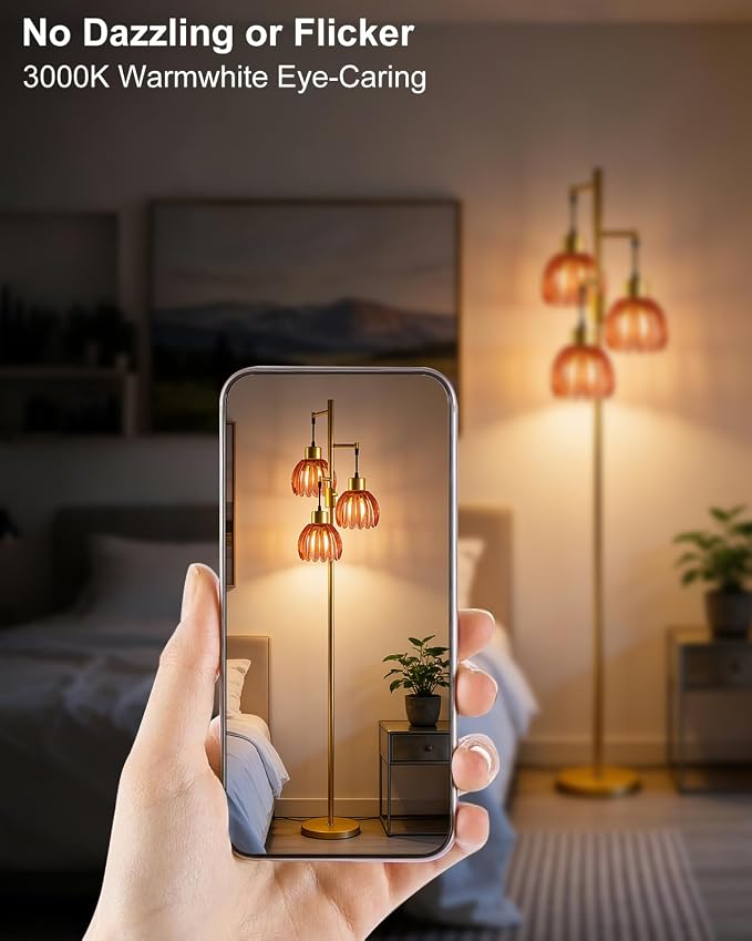 Lightdot 65'' Glass Floor Lamp Dimmable Gold with Deep Red Lotus Glass Shade & 3000K Bulbs Included 3-Lights Modern Tall Standing Lamp with 5Lbs Heavy Base for Living Room/Bedroom/Sofa/Corner Decor