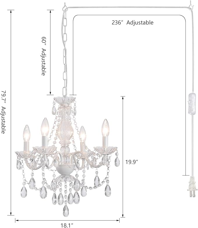 Plug in Crystal Ceramic White Chandelier, Glass Chandeliers,White crystal Hanging Pendant Light with Clear Cord and On/Off, 4 Light Crystal Chandelier for wedding, Kitchen, Dining,Foyer, Mini room