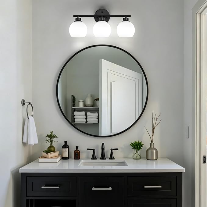 Matte Black Bathroom Light Fixtures, 3-Light Vanity Light Over Mirror | Modern Bathroom Lighting Over Mirror, Wall Sconces, Milky White Globe Glass Shades, E26 Socket,ETL Listed